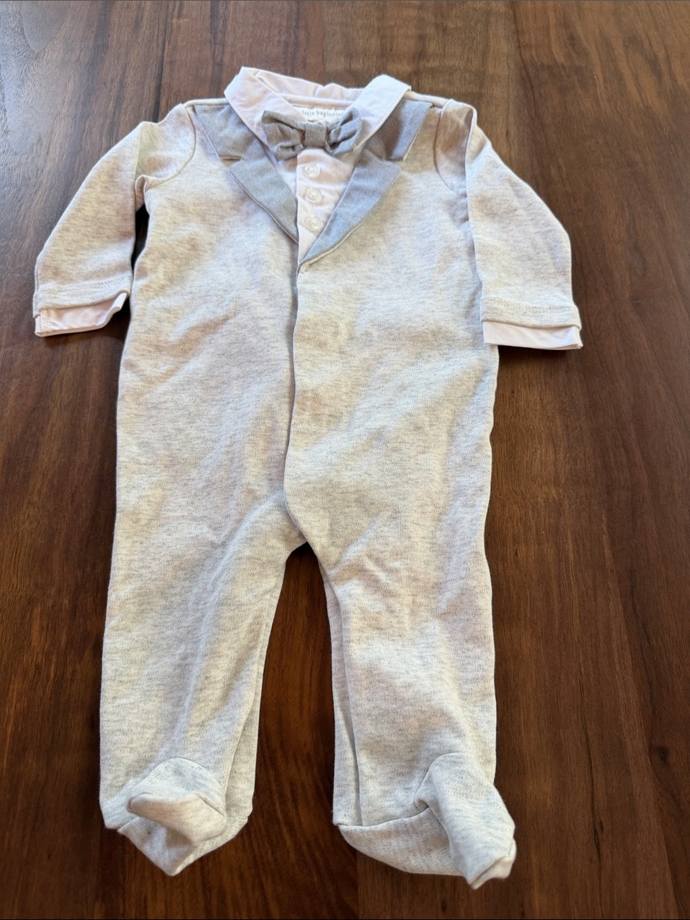 Clasix Beginnings “Tuxedo” Gray Baby One-Piece Romper Bow Tie and Tails